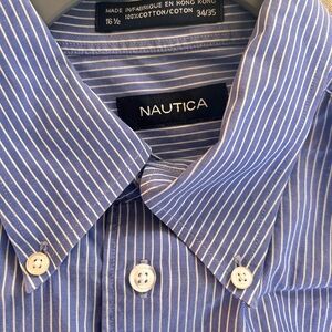 Nautica Men's Blue and White Pinstripe Shirt Large